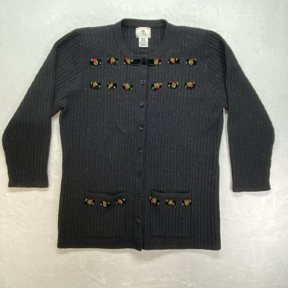 Susan Bristol Cardigan Sweater Womens XL 1998 Black 100% lambs Wool Vintage Rose